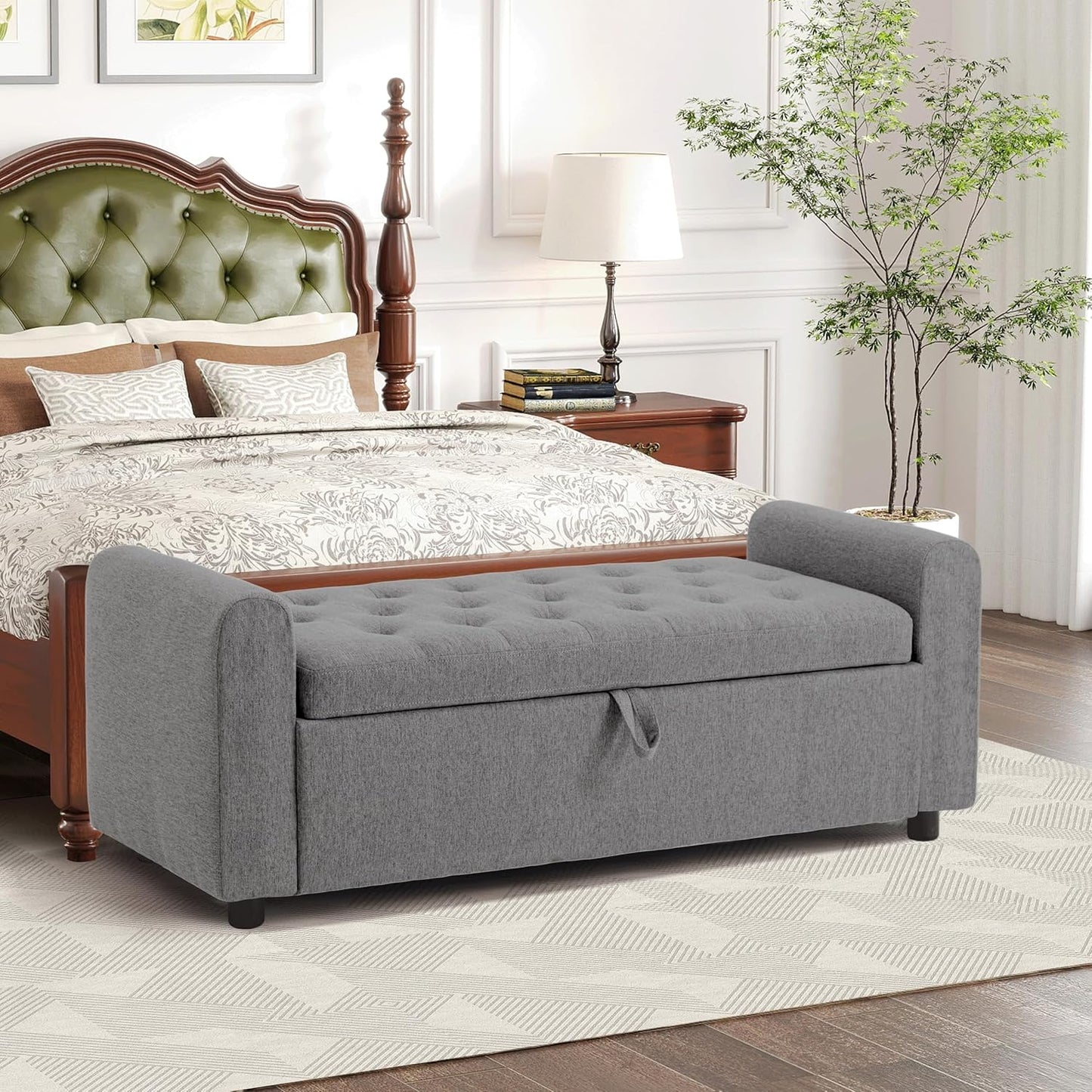 Ottoman with Storage, Tufted Storage Bench for Bedroom, 48" Fabrics End of Bed Bench, Upholstered Entryway Shoe Benches with Rolled Arm & Inner Zipper, Window Ottomans Chest without Rivets, Beige