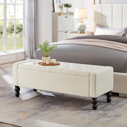 50" W Storage Ottoman Bench with Safety Hinge, Load up to 660 lb Ottoman with Storage, Upholstered Tufted Entryway Bench with Seating for Living Room, Bedroom, Entryway, Beige