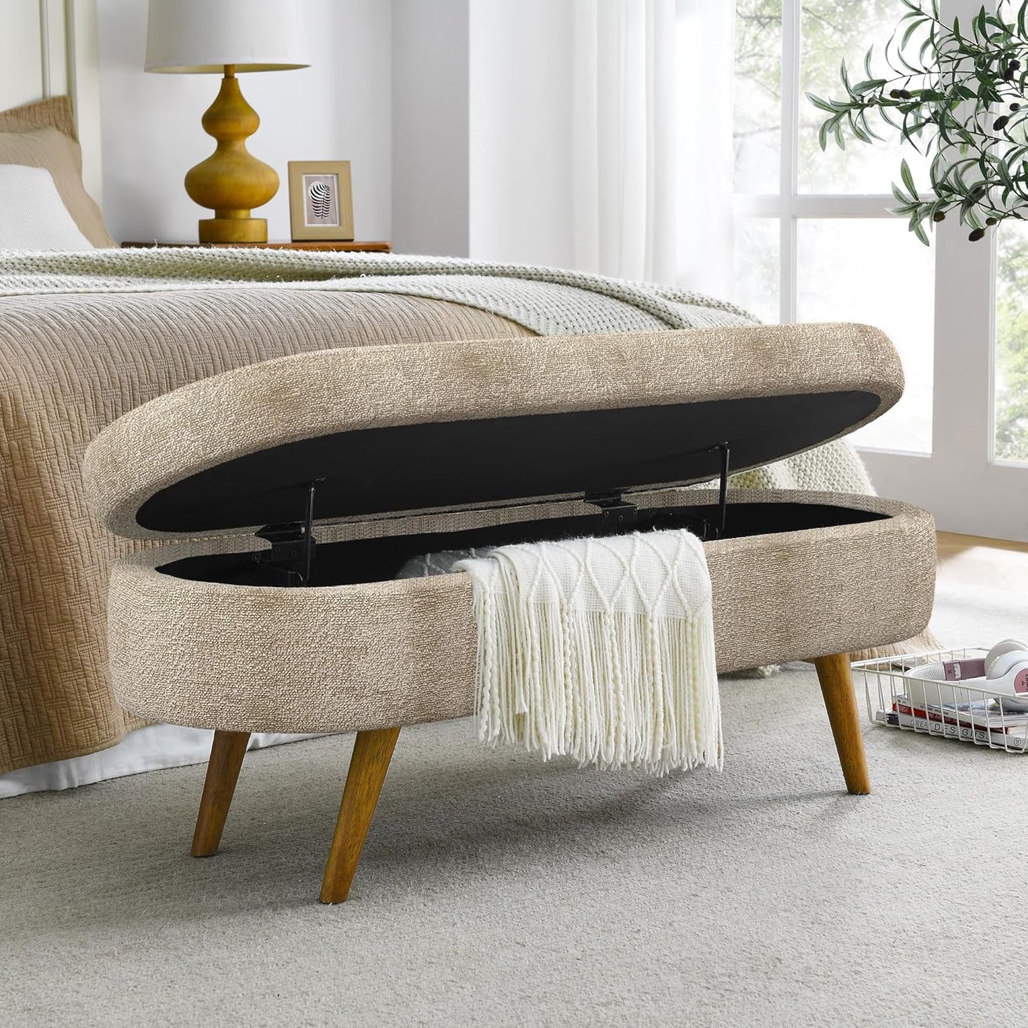 Oval Storage Bench 43.5" Linen Fabric Upholstered Entryway Bench with Solid Wood Legs Ottoman Bench Indoor Bench for Living Room/Bedroom/End of Bed/Entryway (Dark Green)