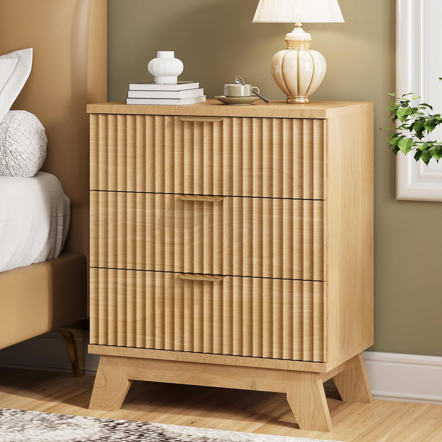 Fluted Nightstand, 24" Wide Side Table with 3 Large Storage Drawers, Mid Century Modern Wood Night Stand with Metal Handle, Wooden Bedside End Table for Bedroom, Living Room, Closet, Black