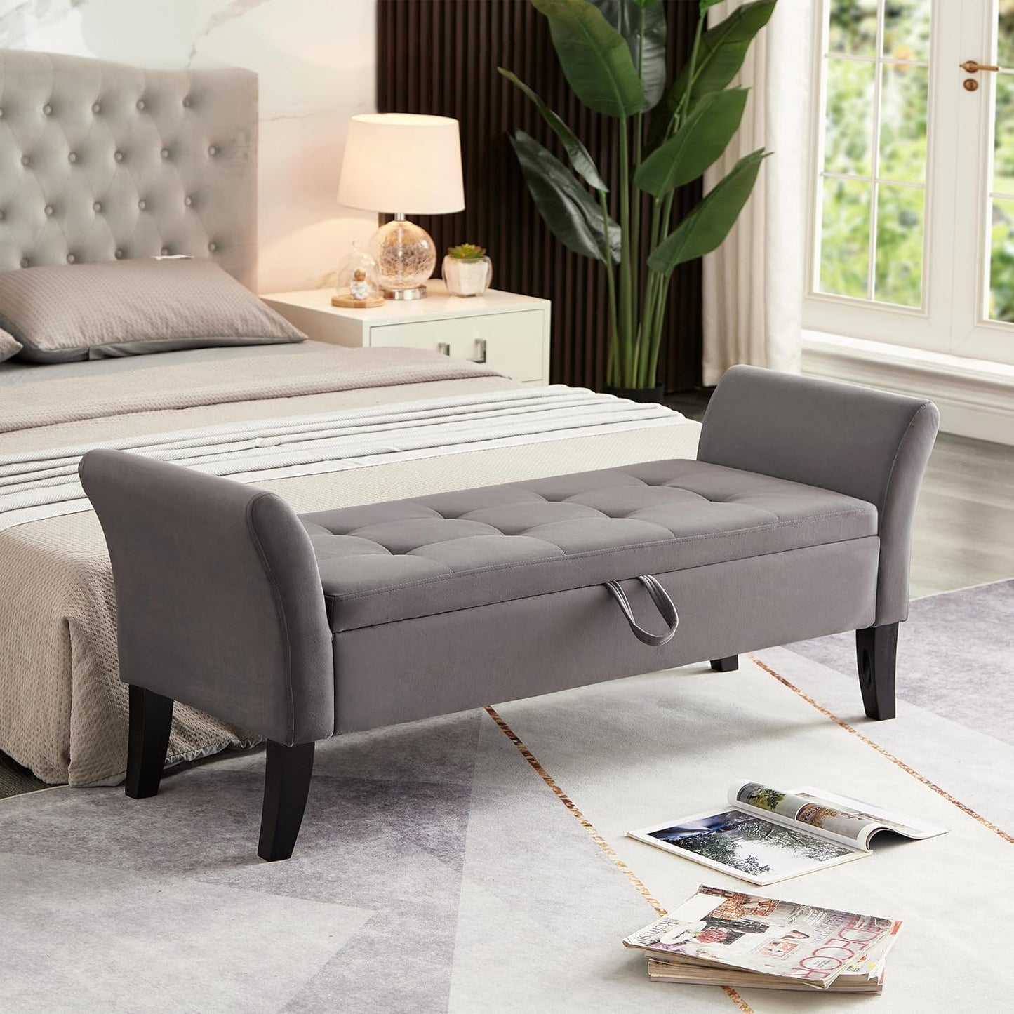 Furniliving Storage Ottoman Bench, Leather Benches End of Bed Bench with Solid Wood Legs Upholstered Ottoman Bench with Storage Indoor Bench for Living Room with Rolled Arm, Entryway, YellowBrown