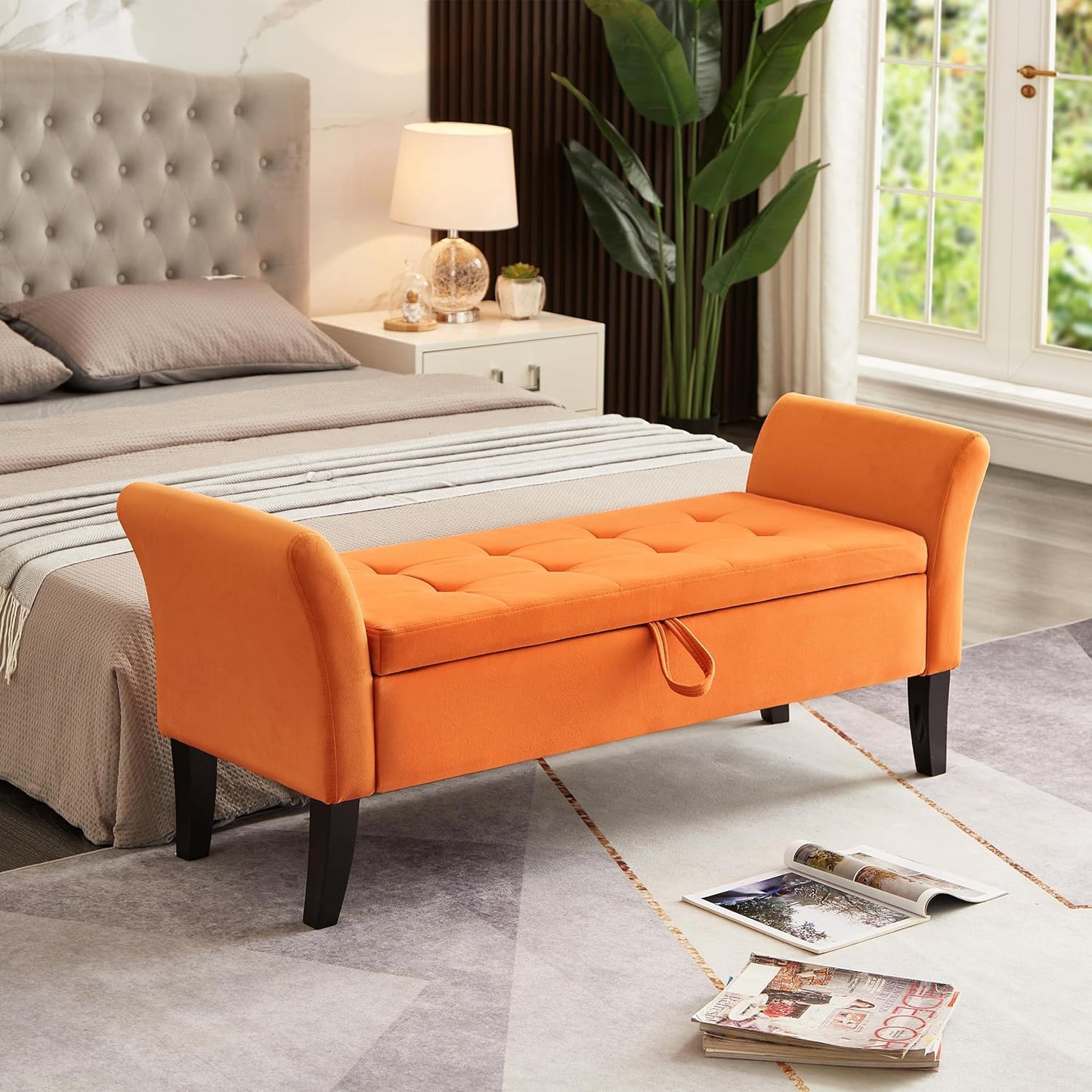 Furniliving Storage Ottoman Bench, Leather Benches End of Bed Bench with Solid Wood Legs Upholstered Ottoman Bench with Storage Indoor Bench for Living Room with Rolled Arm, Entryway, YellowBrown